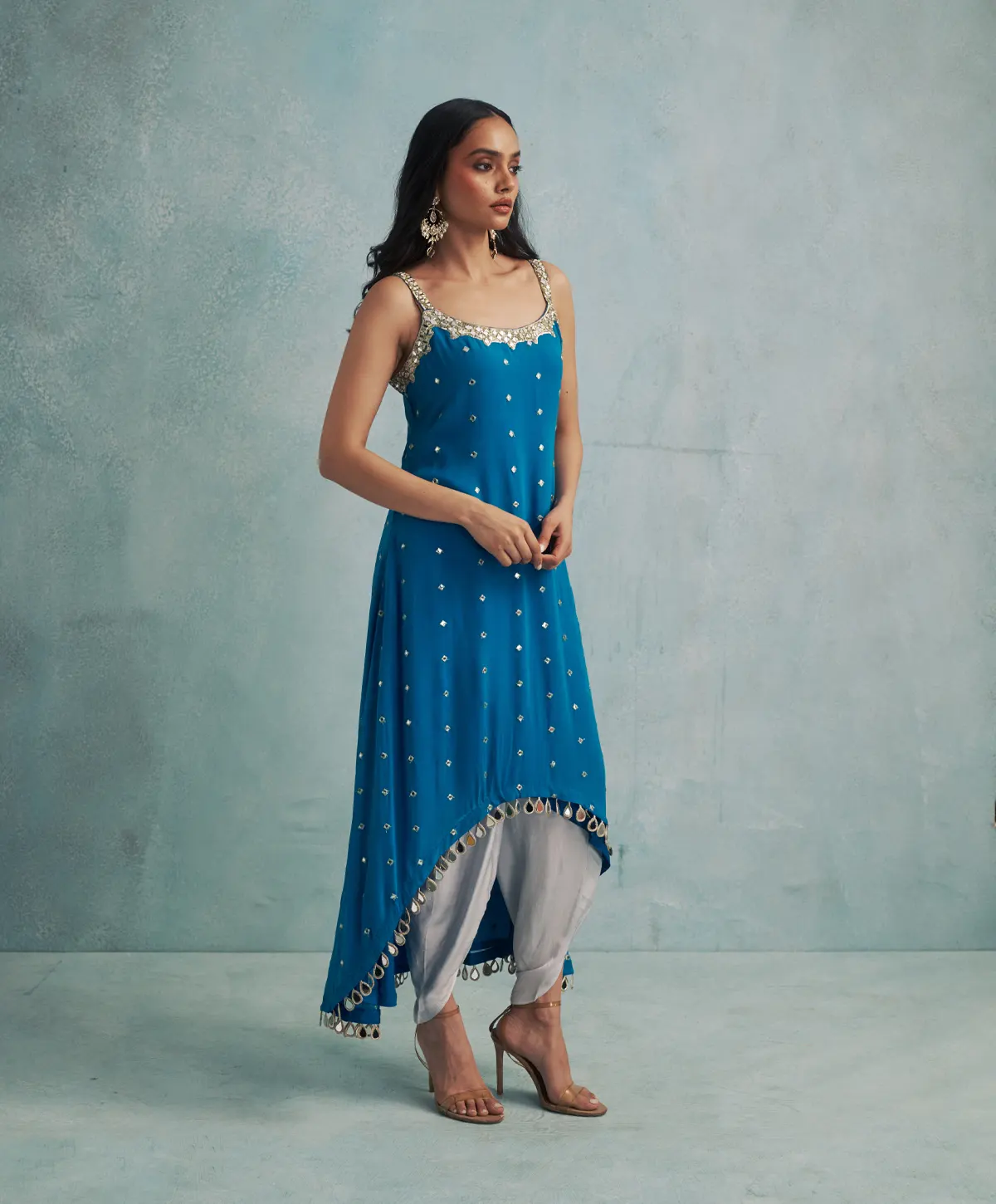 Asymmetric Blue Mirror Embroidered Kurta with Silver Grey Dhoti Pants - Image 2