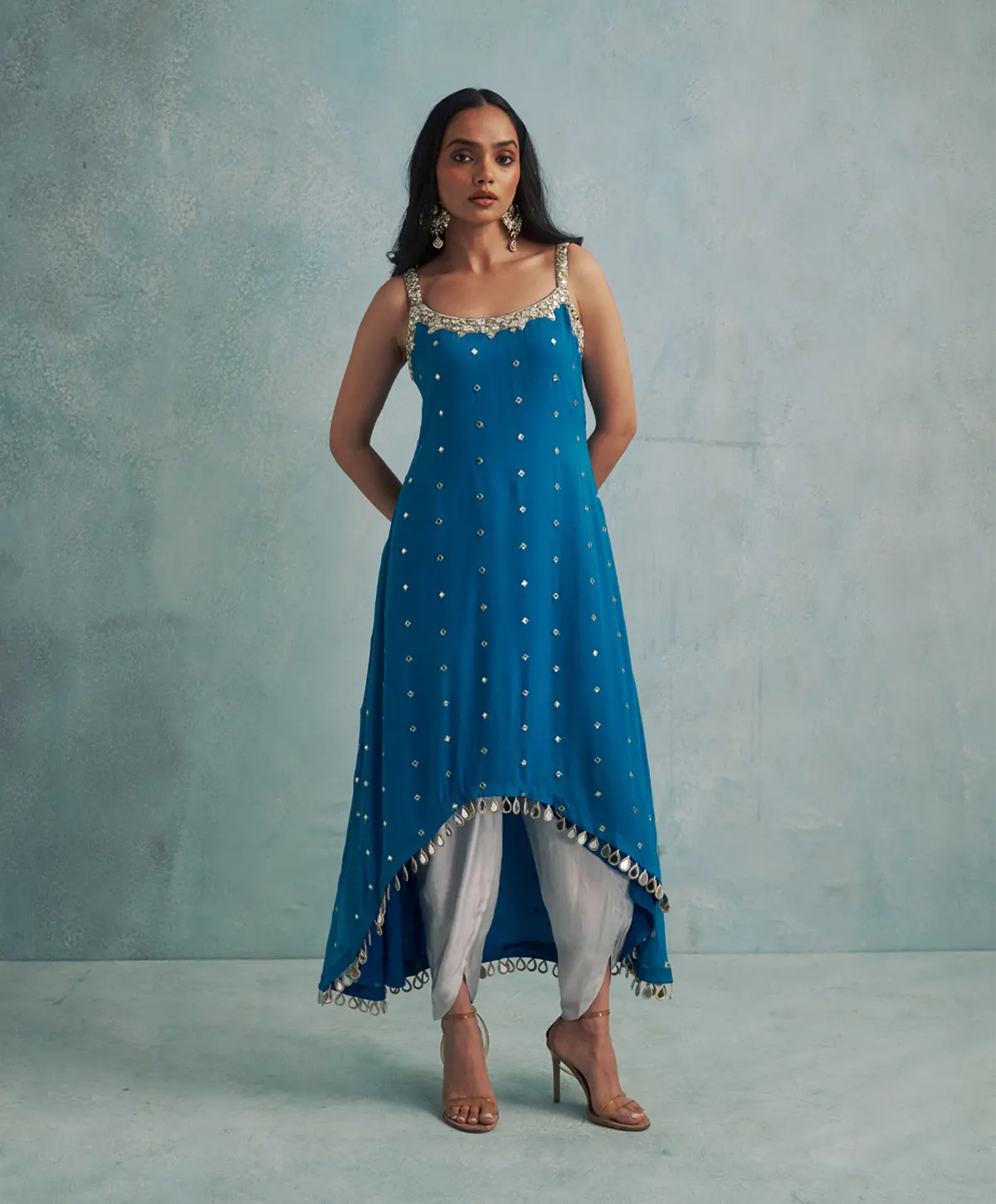 Asymmetric Blue Mirror Embroidered Kurta with Silver Grey Dhoti Pants - Image 3