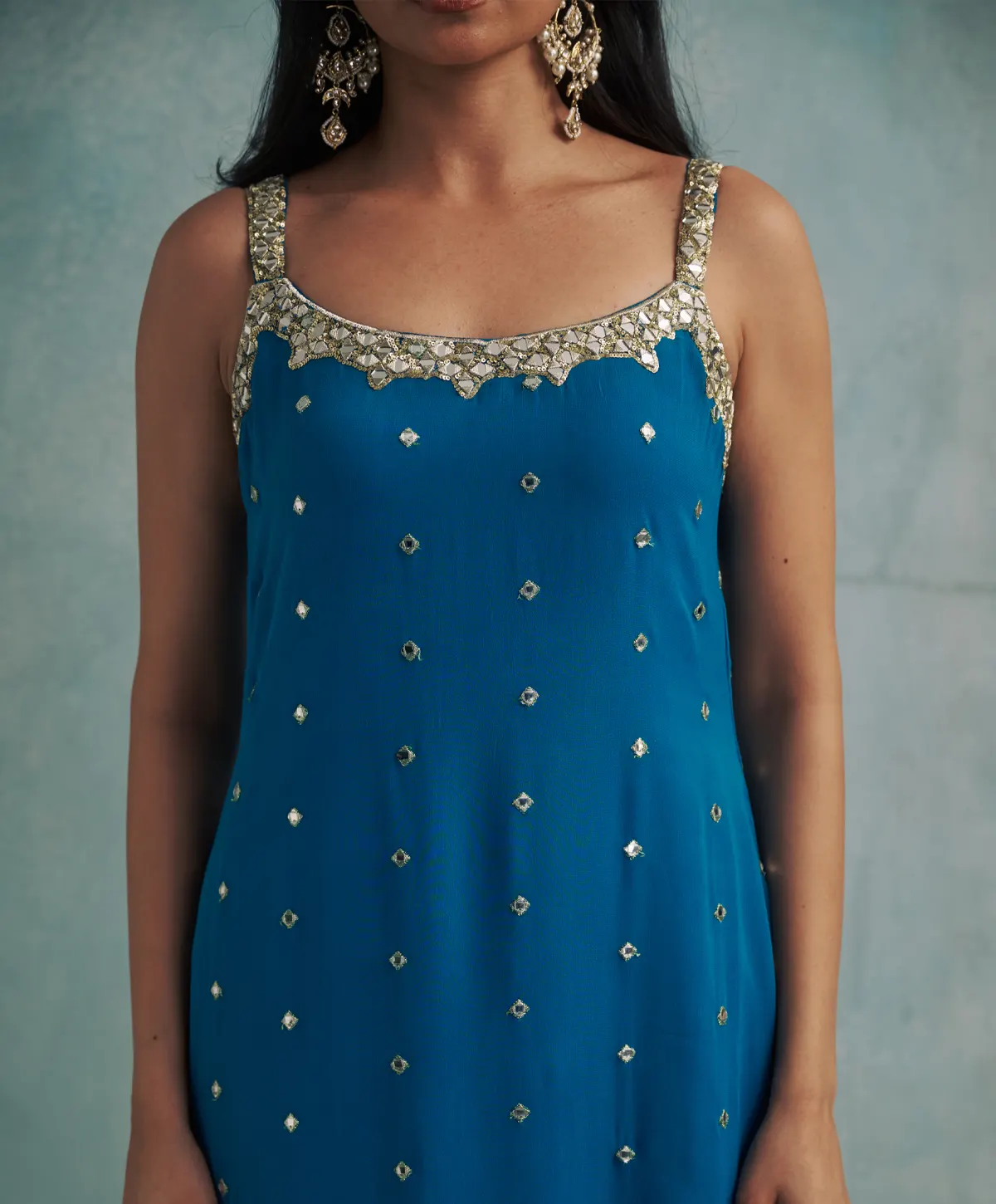 Asymmetric Blue Mirror Embroidered Kurta with Silver Grey Dhoti Pants - Image 4