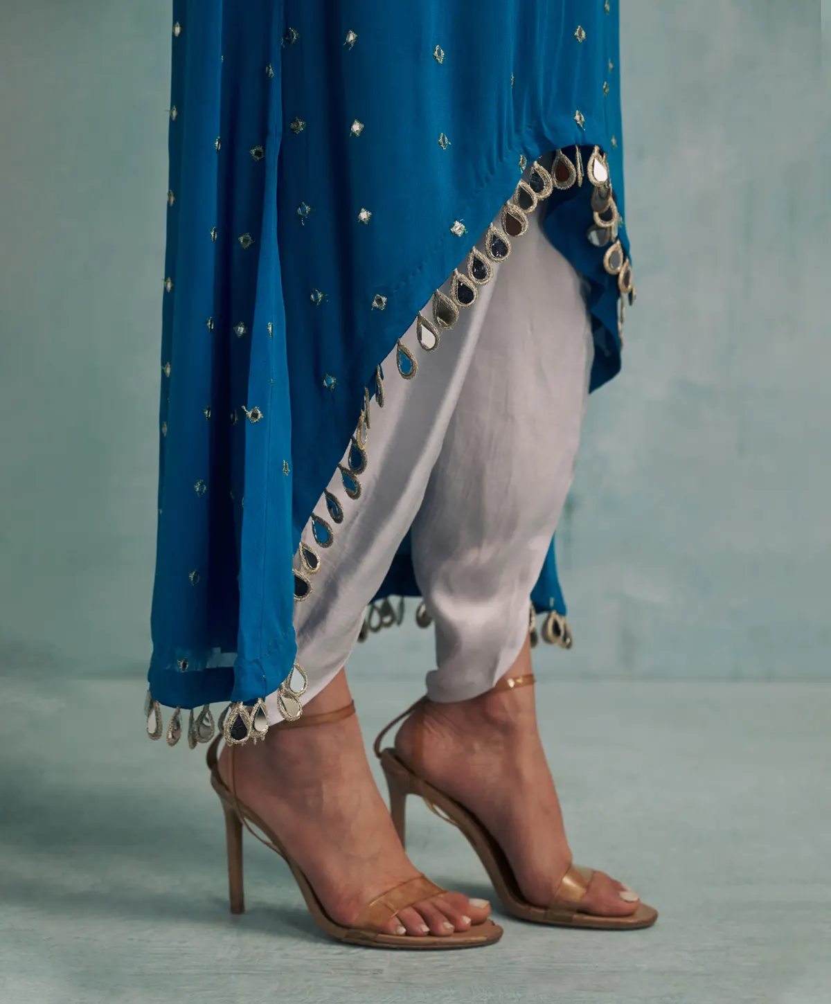 Asymmetric Blue Mirror Embroidered Kurta with Silver Grey Dhoti Pants - Image 5