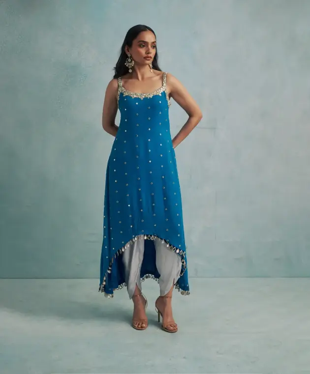 Asymmetric Blue Mirror Embroidered Kurta with Silver Grey Dhoti Pants