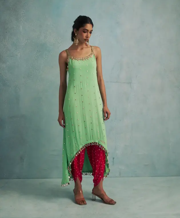 Asymmetric Mint Green Mirror Embroidered Kurta with Dhoti Pants.