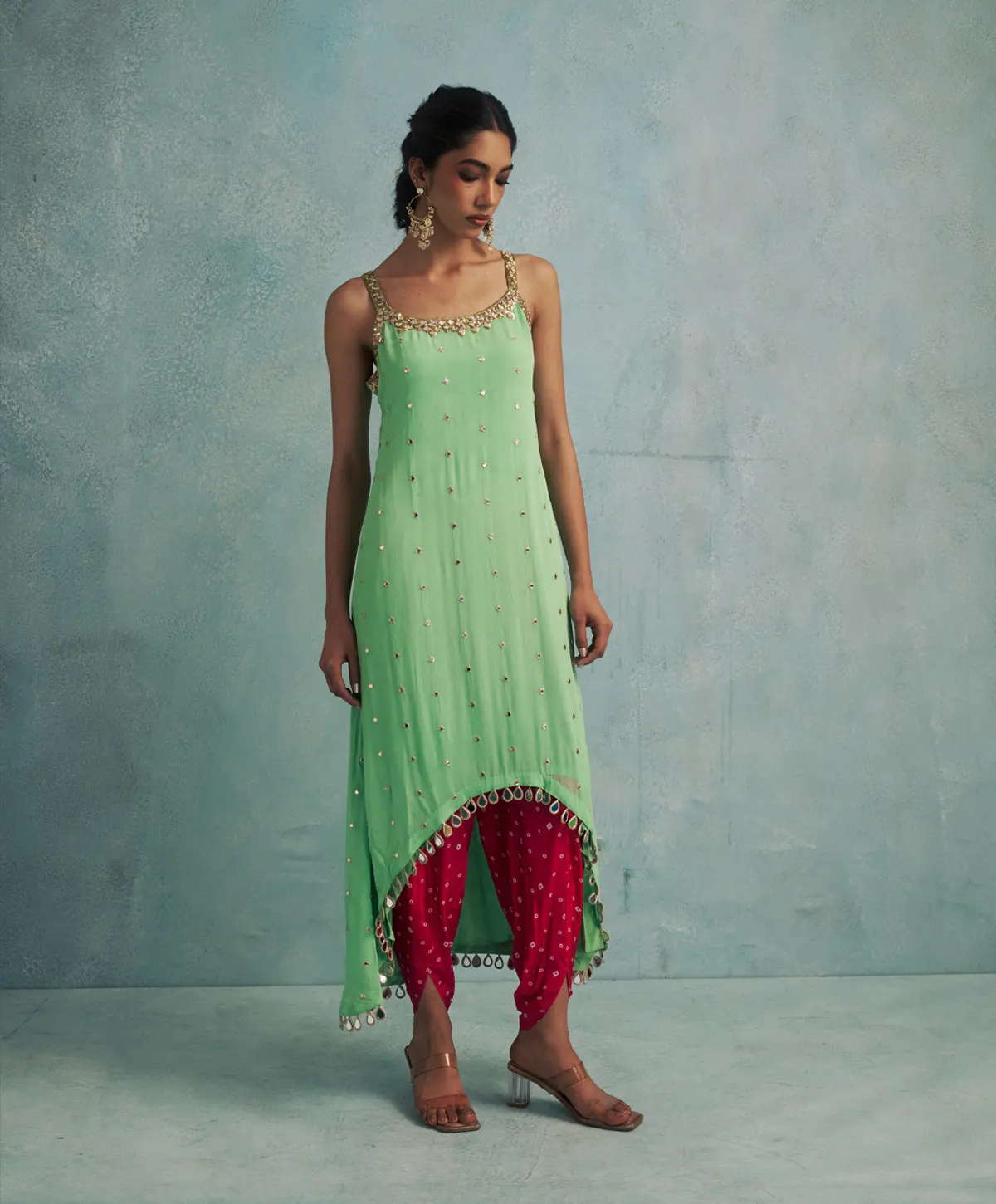 Asymmetric Mint Green Mirror Embroidered Kurta with Dhoti Pants.