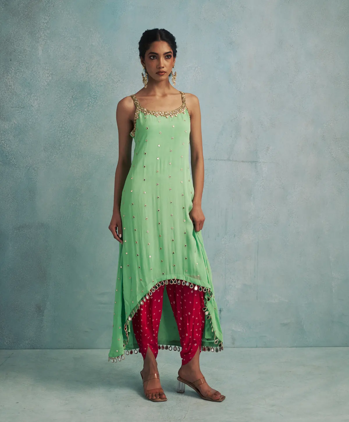Asymmetric Mint Green Mirror Embroidered Kurta with Dhoti Pants. - Image 2