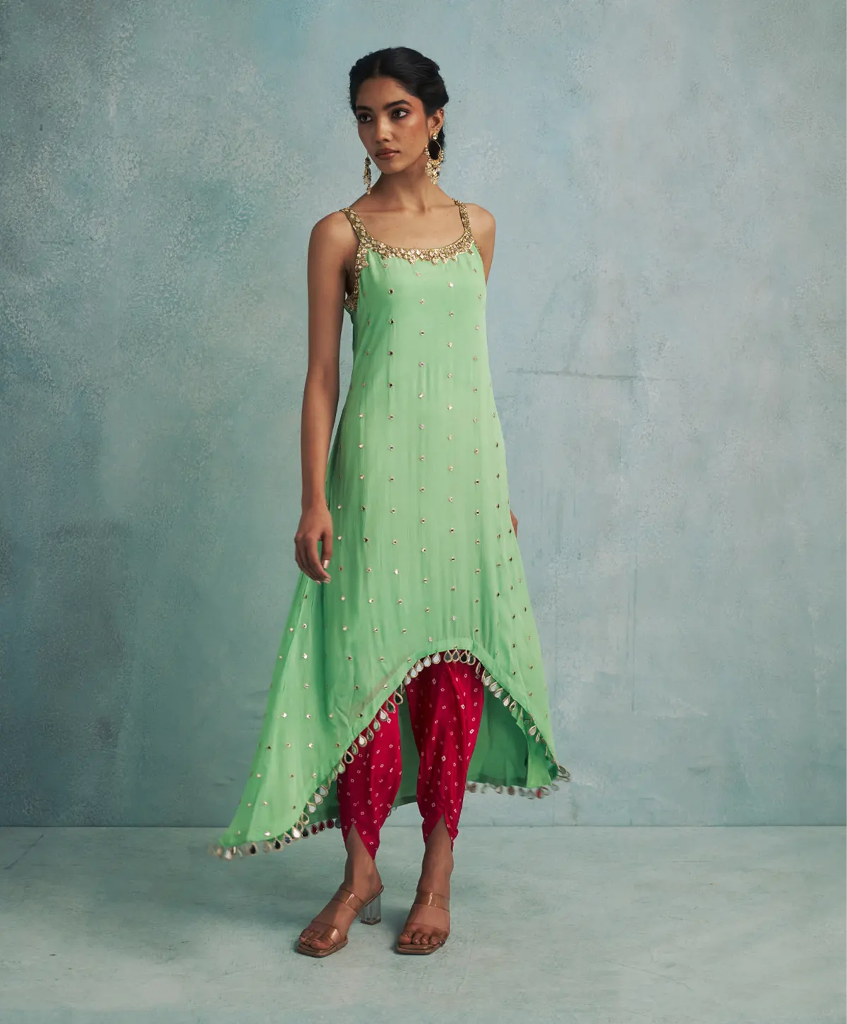 Asymmetric Mint Green Mirror Embroidered Kurta with Dhoti Pants. - Image 3