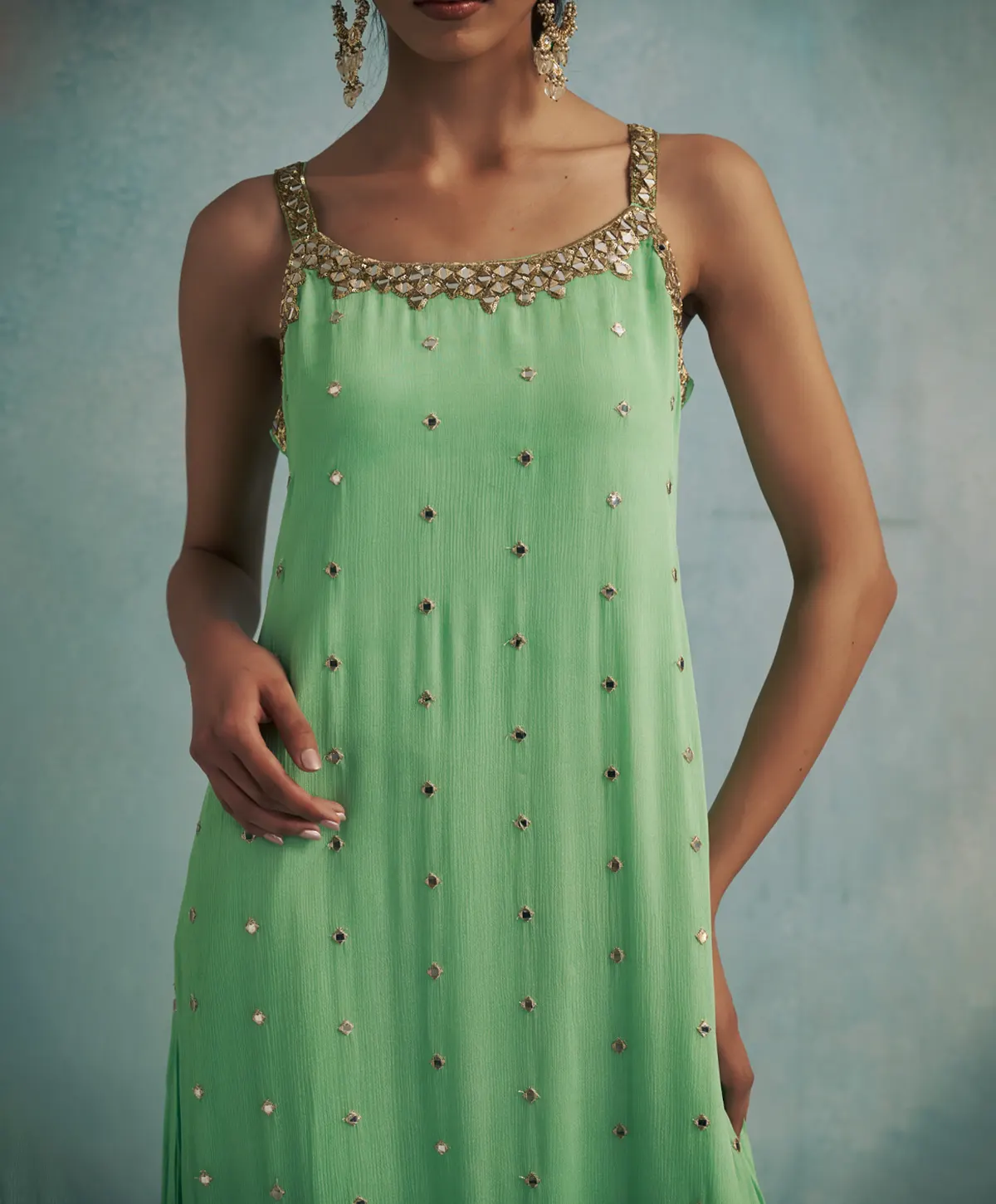 Asymmetric Mint Green Mirror Embroidered Kurta with Dhoti Pants. - Image 4