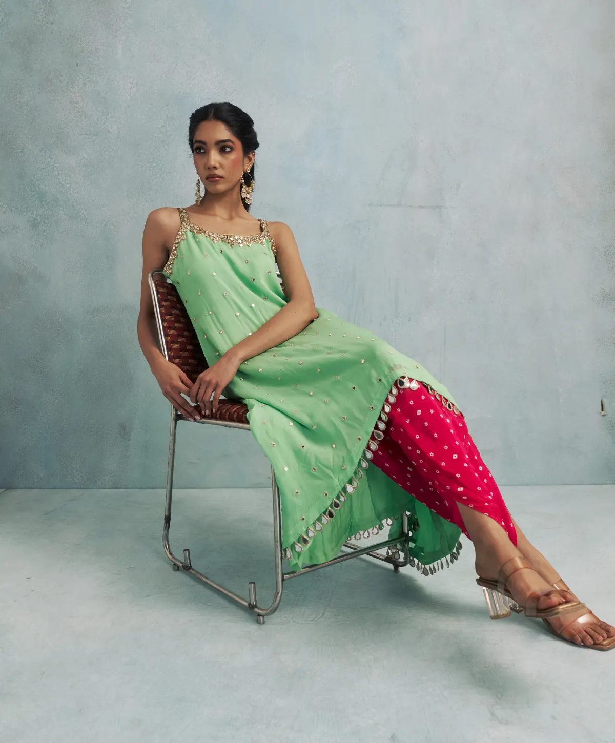 Asymmetric Mint Green Mirror Embroidered Kurta with Dhoti Pants. - Image 5