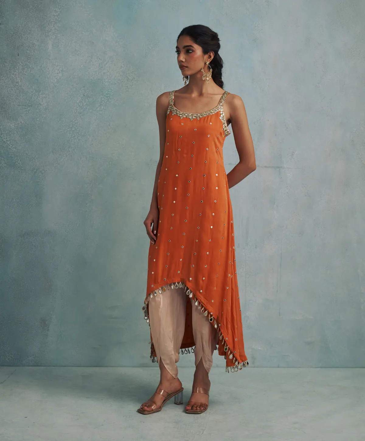 Asymmetric Orange Mirror Embroidered Kurta with Gold Dhoti Pants