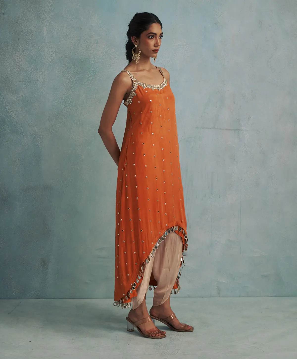 Asymmetric Orange Mirror Embroidered Kurta with Gold Dhoti Pants - Image 2