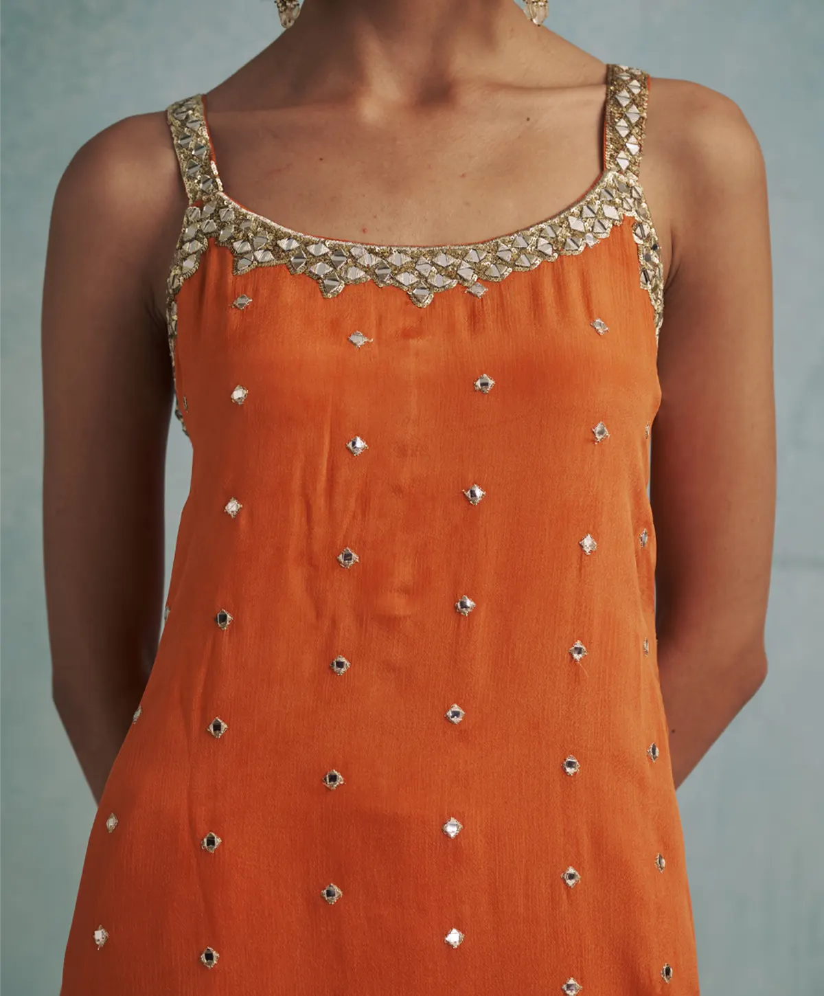 Asymmetric Orange Mirror Embroidered Kurta with Gold Dhoti Pants - Image 3