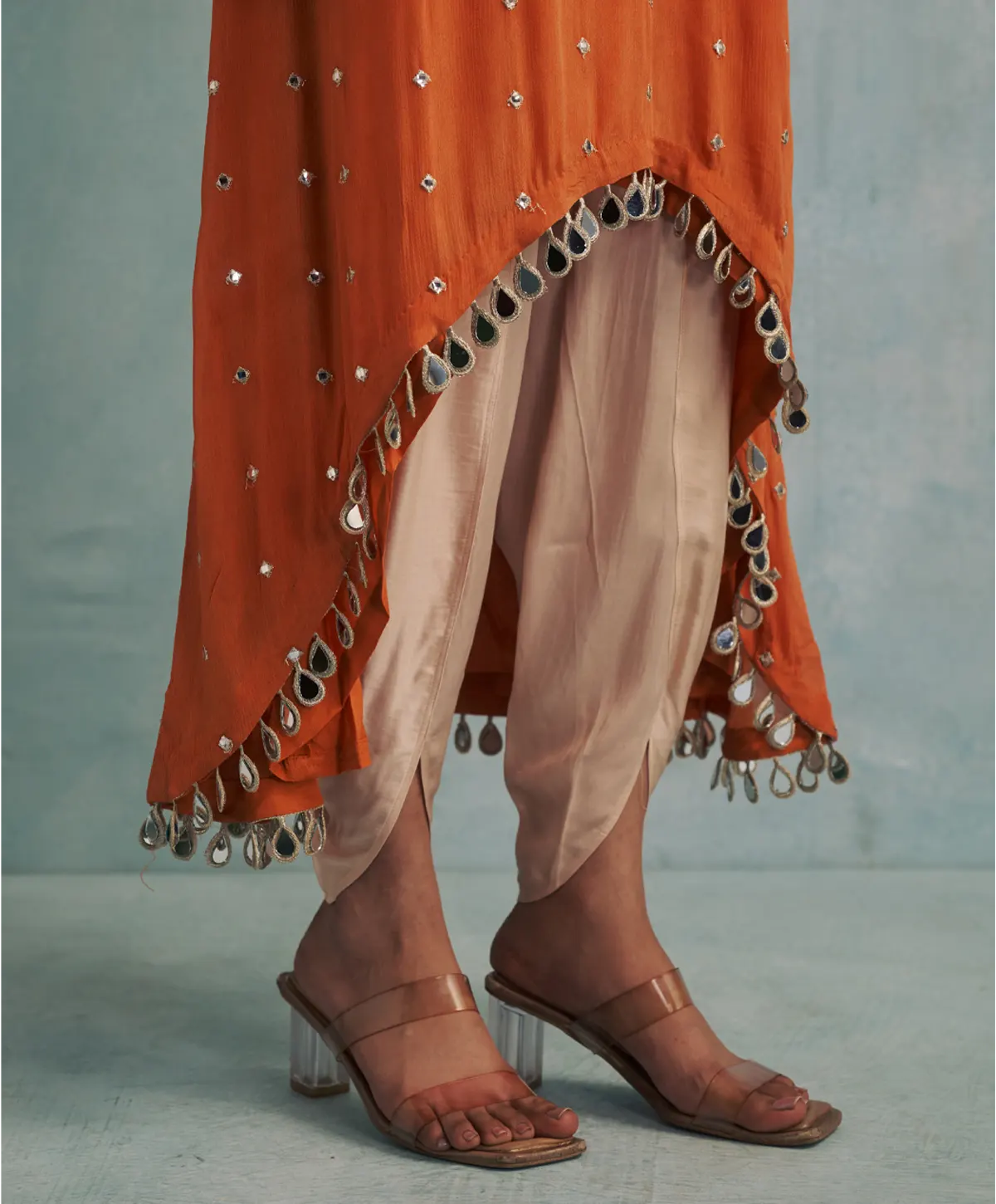 Asymmetric Orange Mirror Embroidered Kurta with Gold Dhoti Pants - Image 4