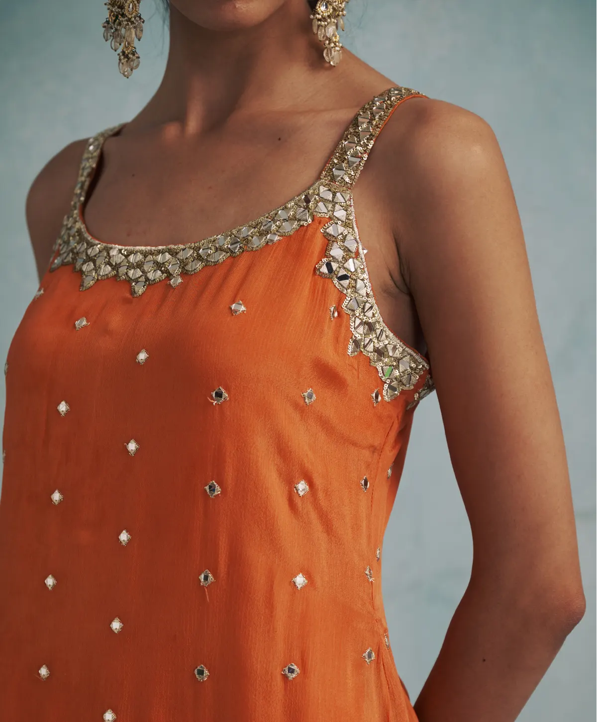 Asymmetric Orange Mirror Embroidered Kurta with Gold Dhoti Pants - Image 5