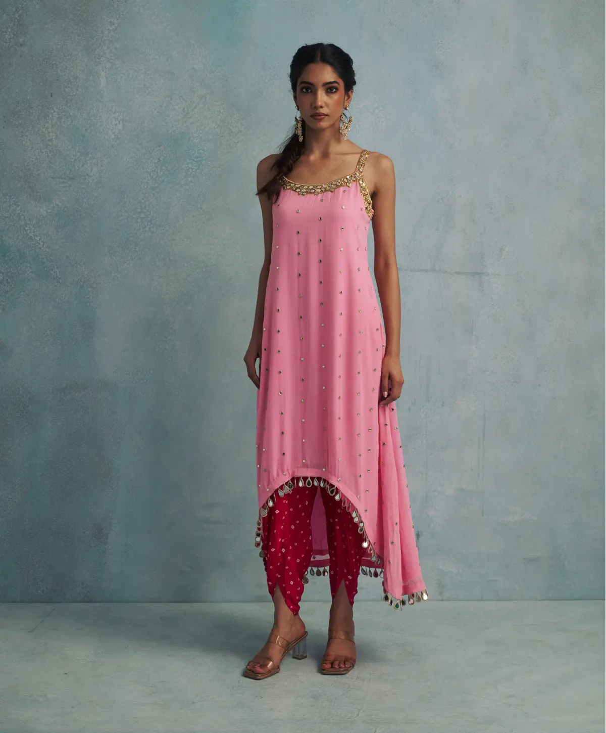 Asymmetric Pink Mirror Embroidered Kurta with Bandhini print Dhoti Pants