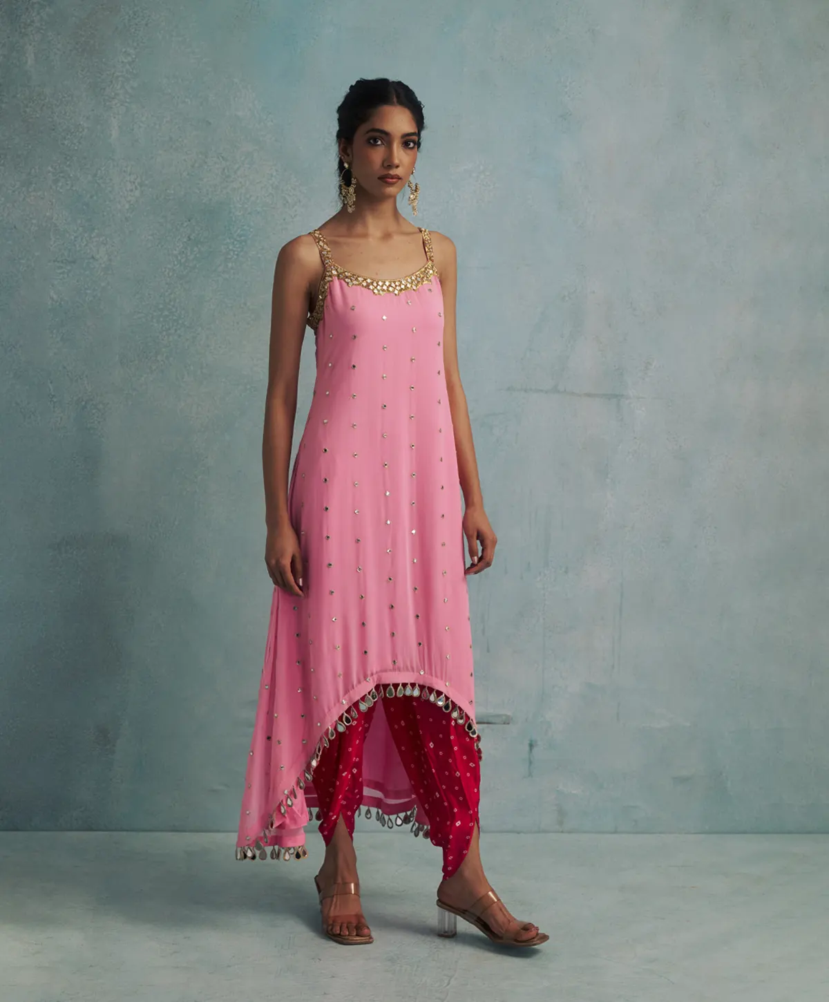 Asymmetric Pink Mirror Embroidered Kurta with Bandhini print Dhoti Pants - Image 2