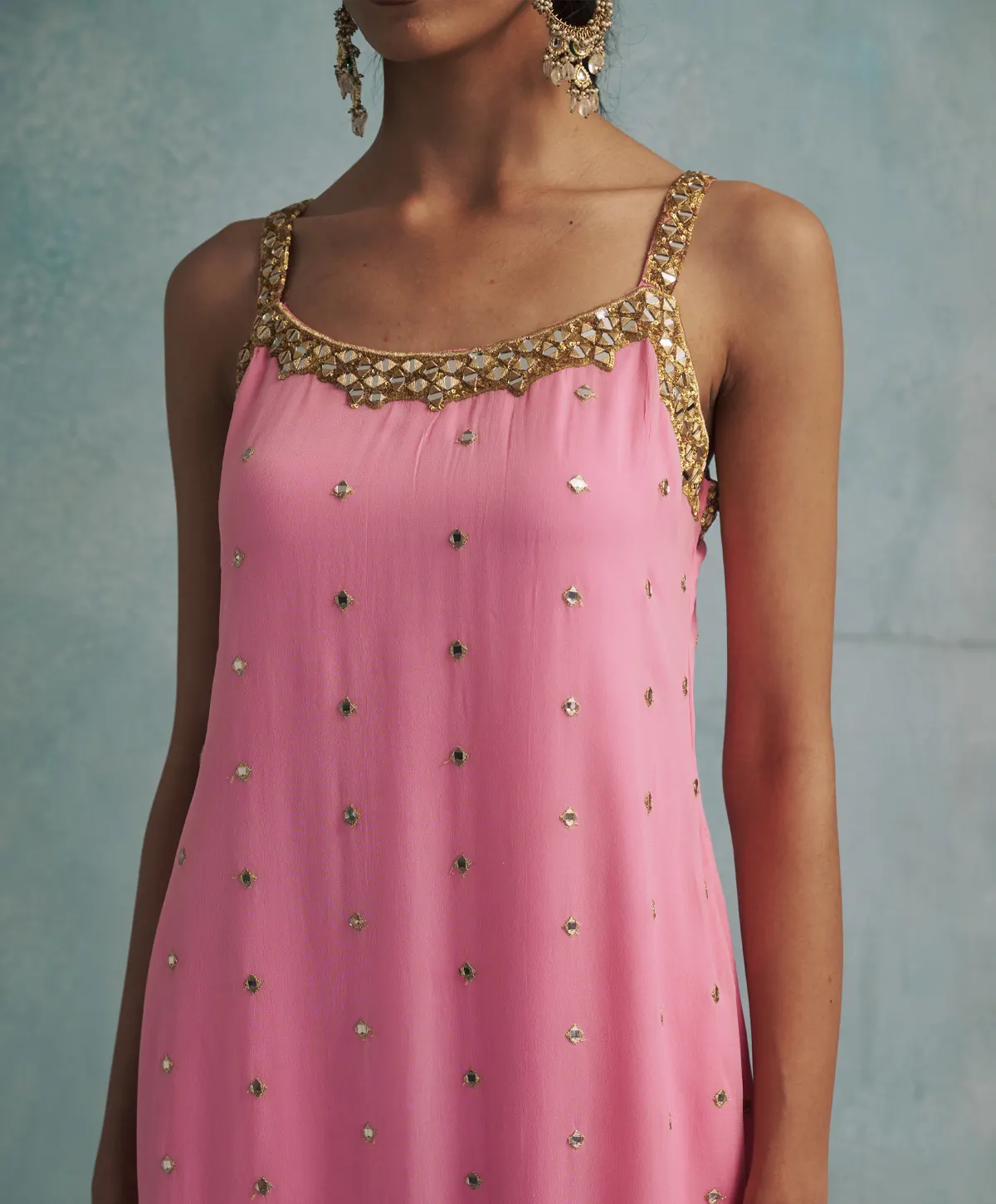 Asymmetric Pink Mirror Embroidered Kurta with Bandhini print Dhoti Pants - Image 3