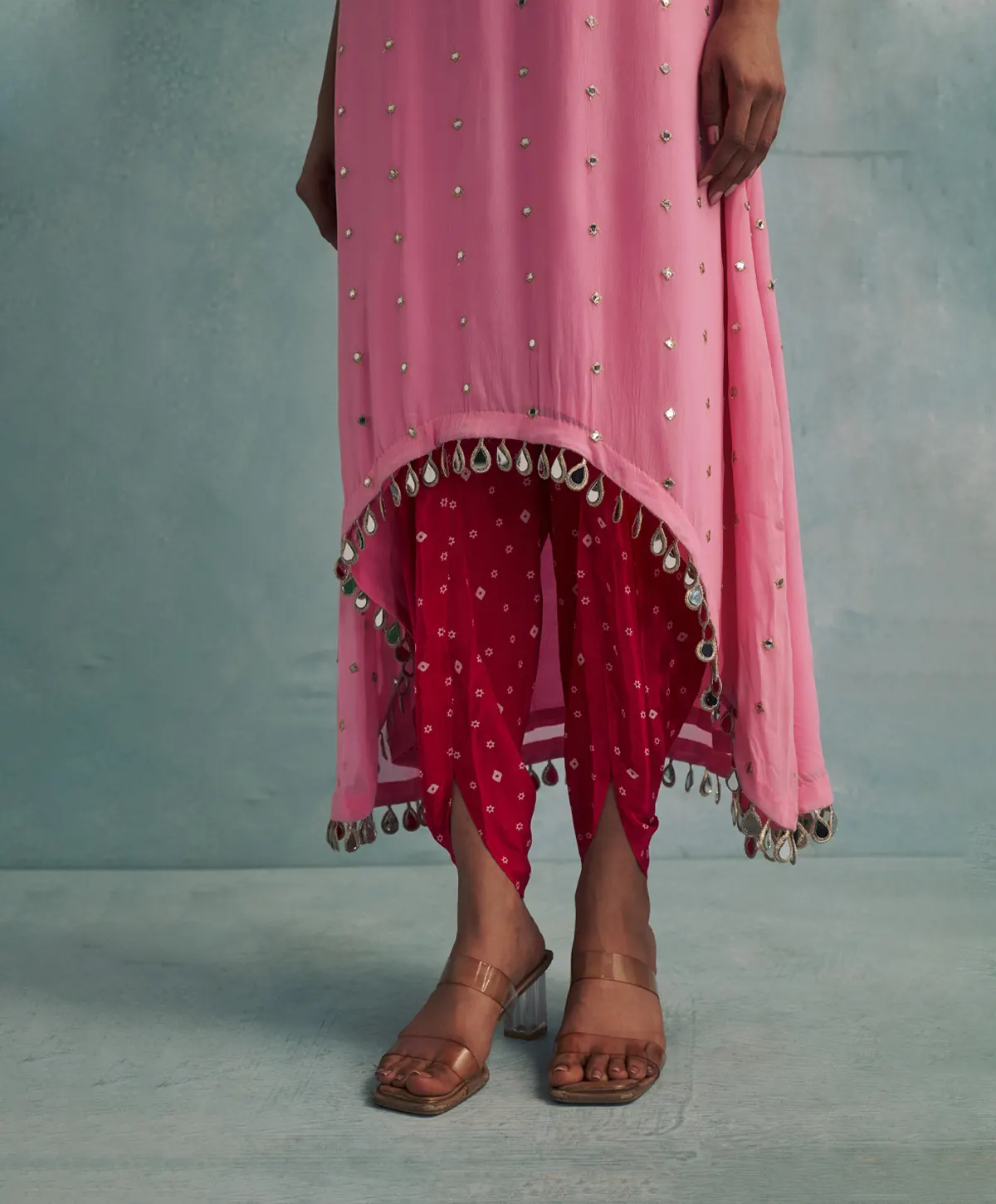 Asymmetric Pink Mirror Embroidered Kurta with Bandhini print Dhoti Pants - Image 4