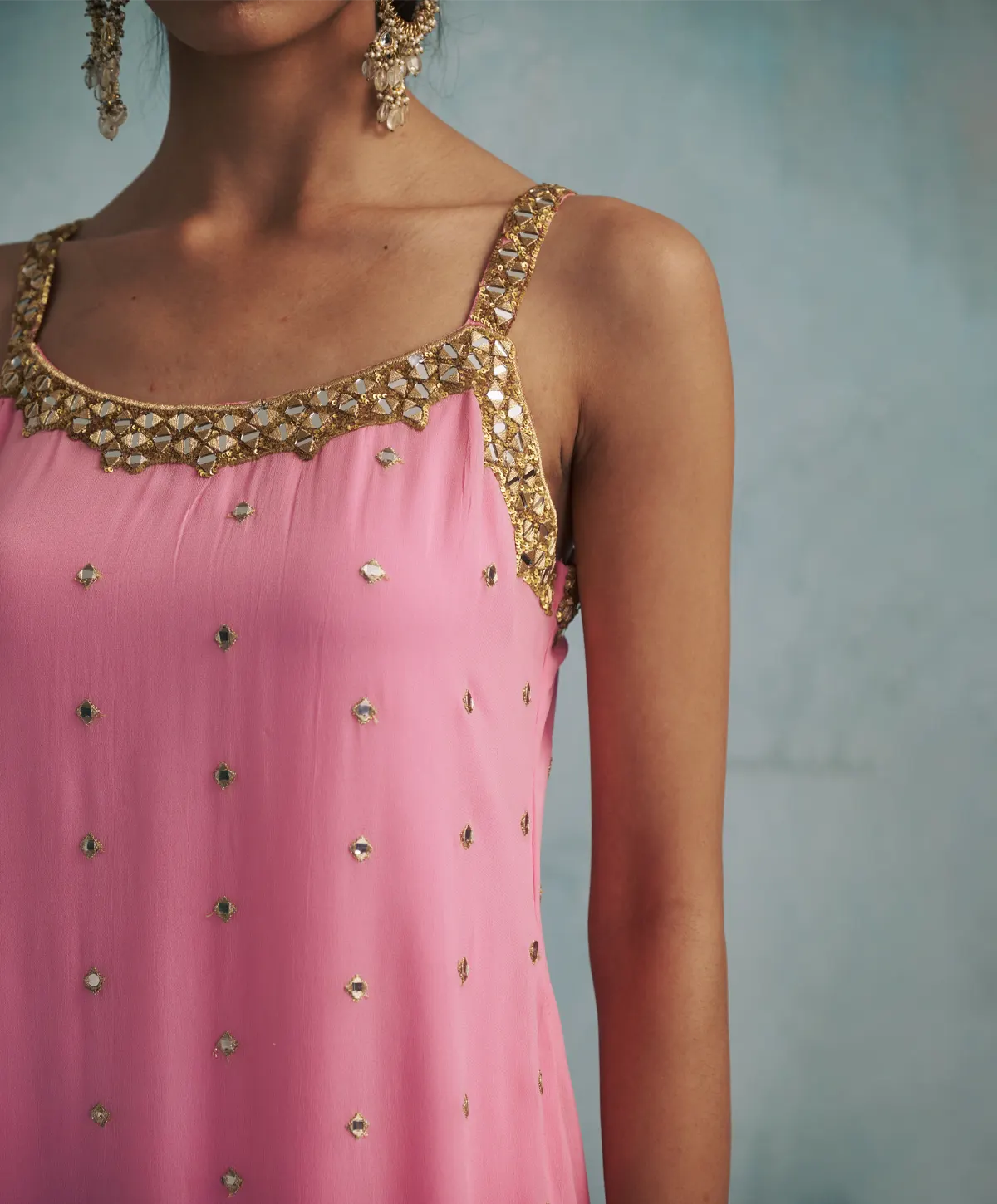 Asymmetric Pink Mirror Embroidered Kurta with Bandhini print Dhoti Pants - Image 5