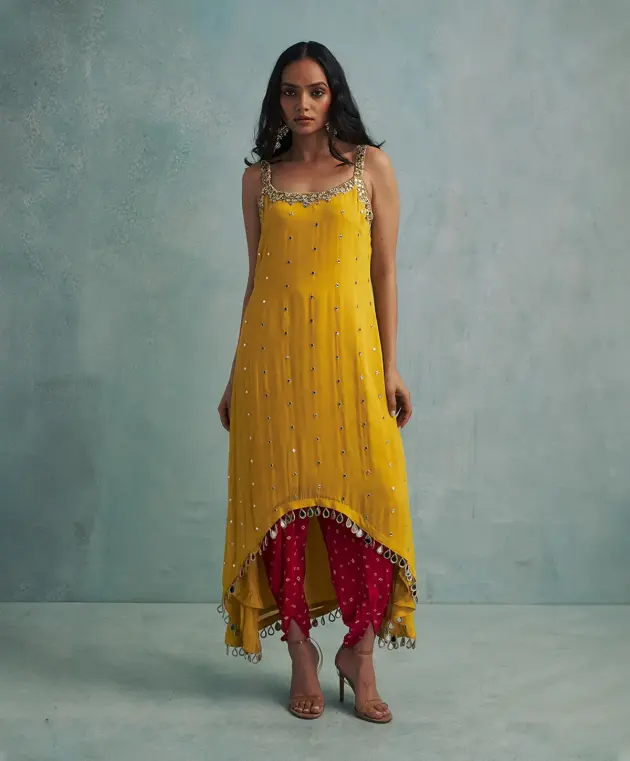 Asymmetric Yellow Mirror Embroidered Kurta with Dhoti Pants.