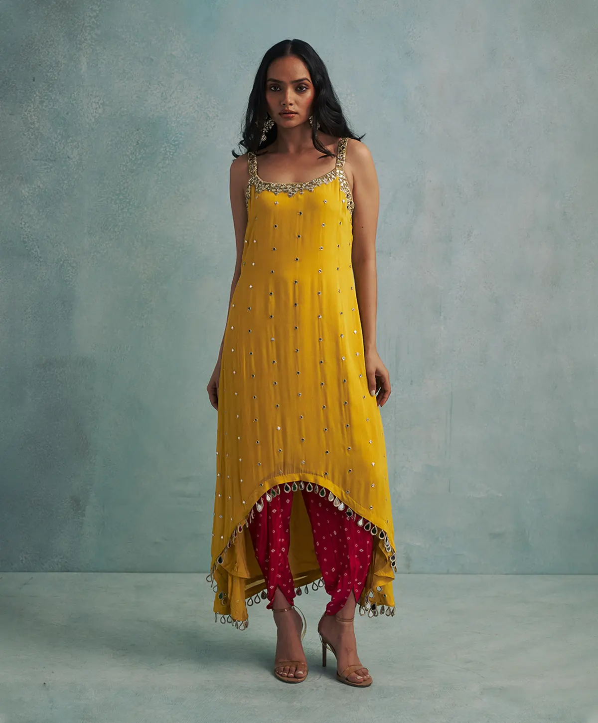 Asymmetric Yellow Mirror Embroidered Kurta with Dhoti Pants.