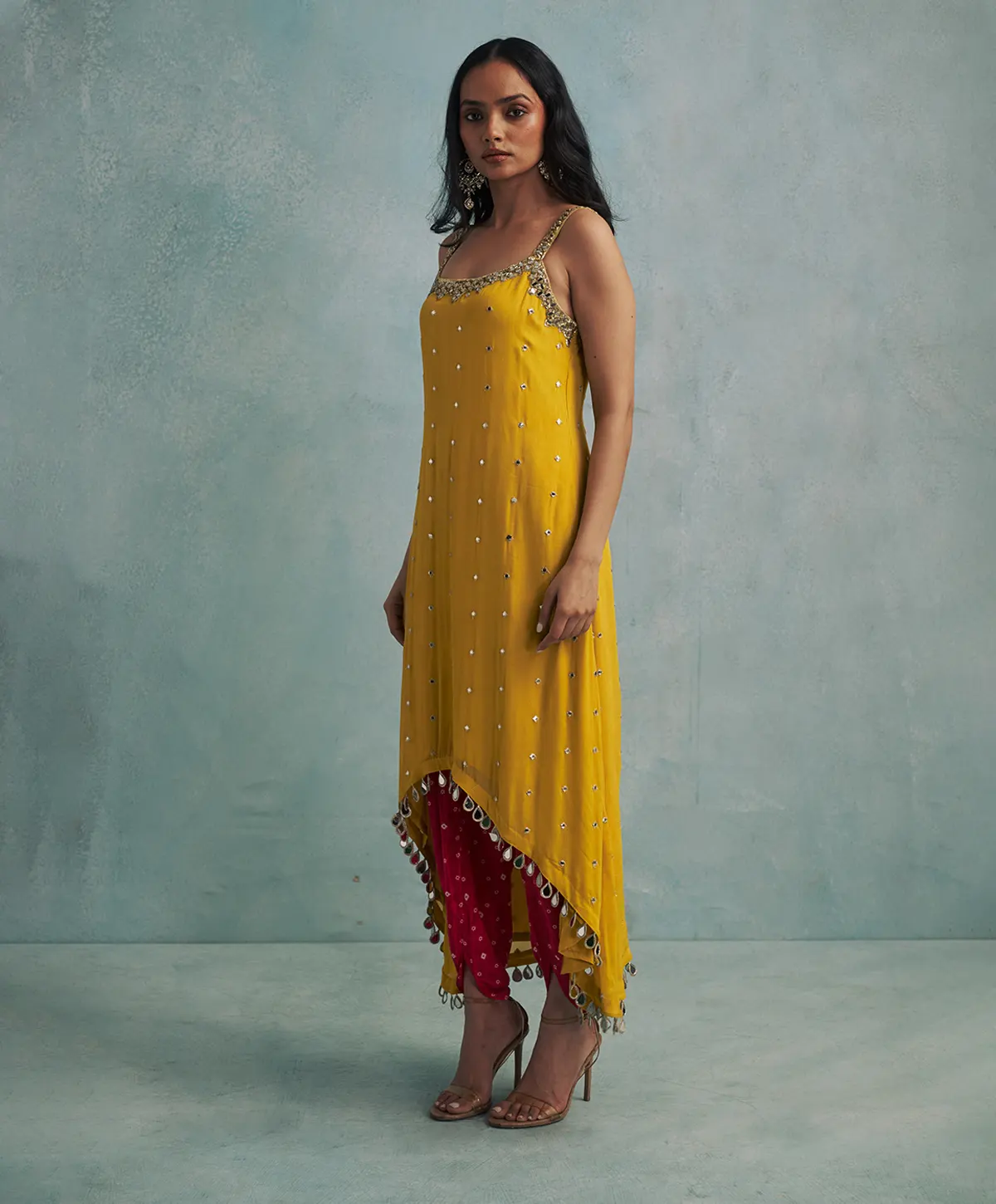 Asymmetric Yellow Mirror Embroidered Kurta with Dhoti Pants. - Image 2