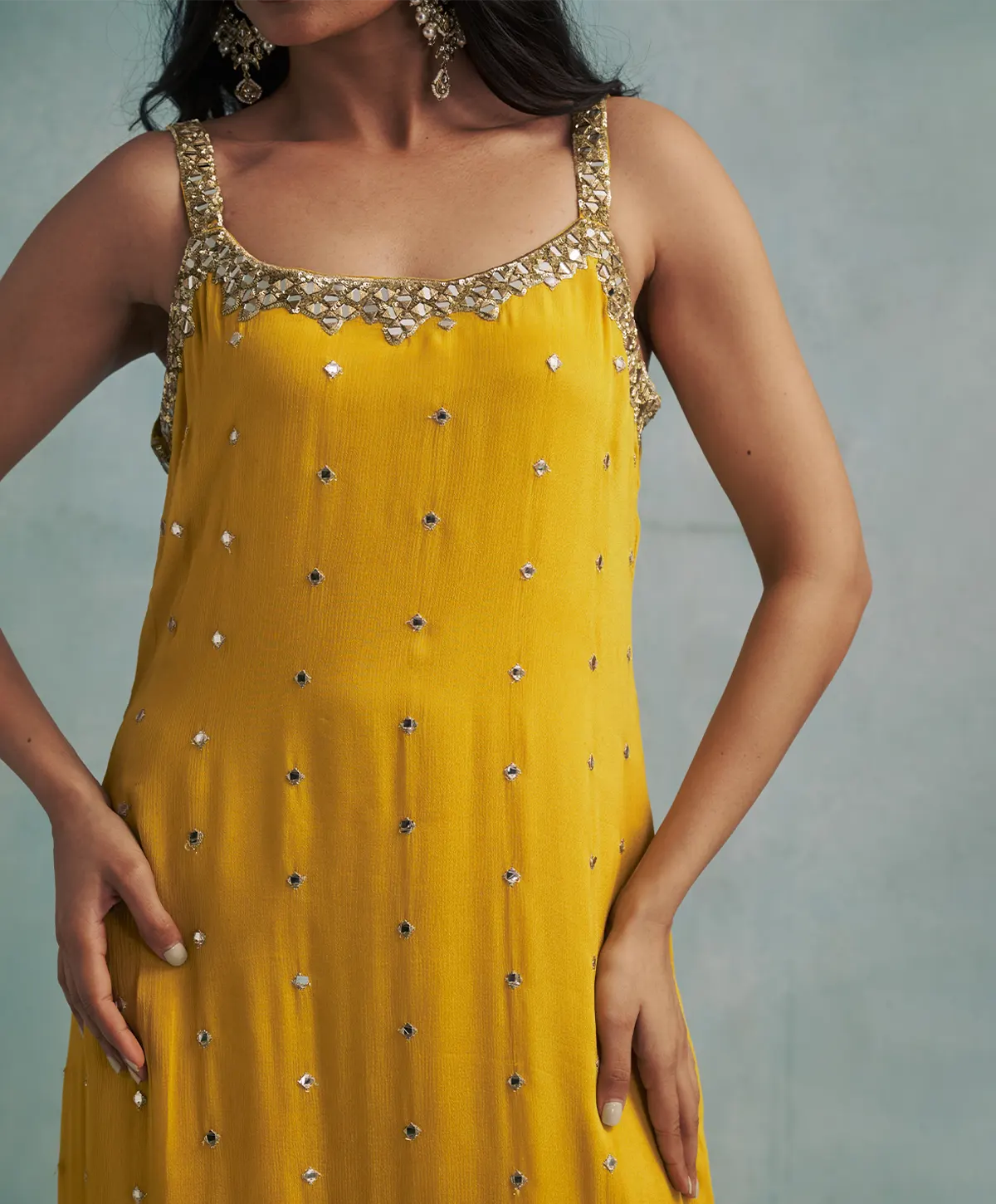 Asymmetric Yellow Mirror Embroidered Kurta with Dhoti Pants. - Image 4