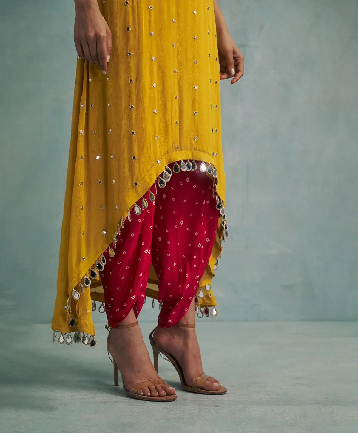 Asymmetric Yellow Mirror Embroidered Kurta with Dhoti Pants. - Image 5