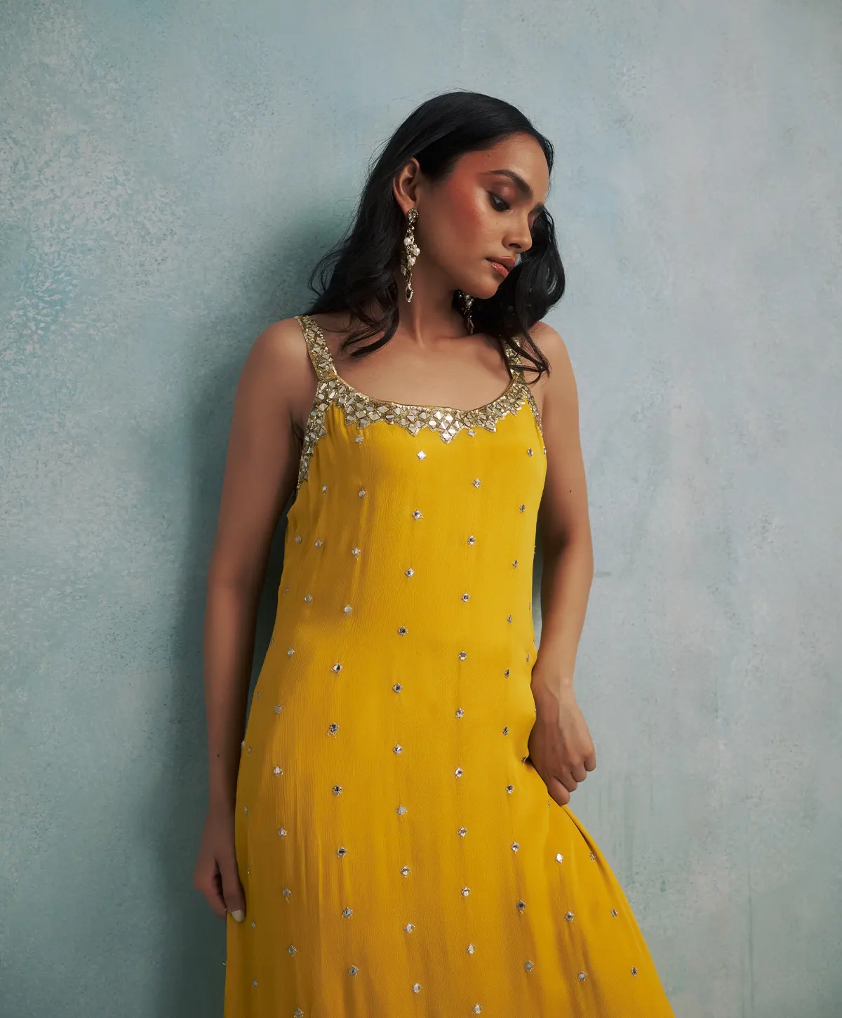 Asymmetric Yellow Mirror Embroidered Kurta with Dhoti Pants. - Image 3