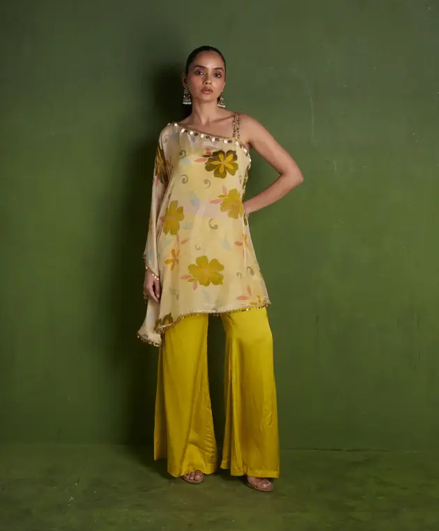 Lemon Satin Organza Cape with inner and Pallazo