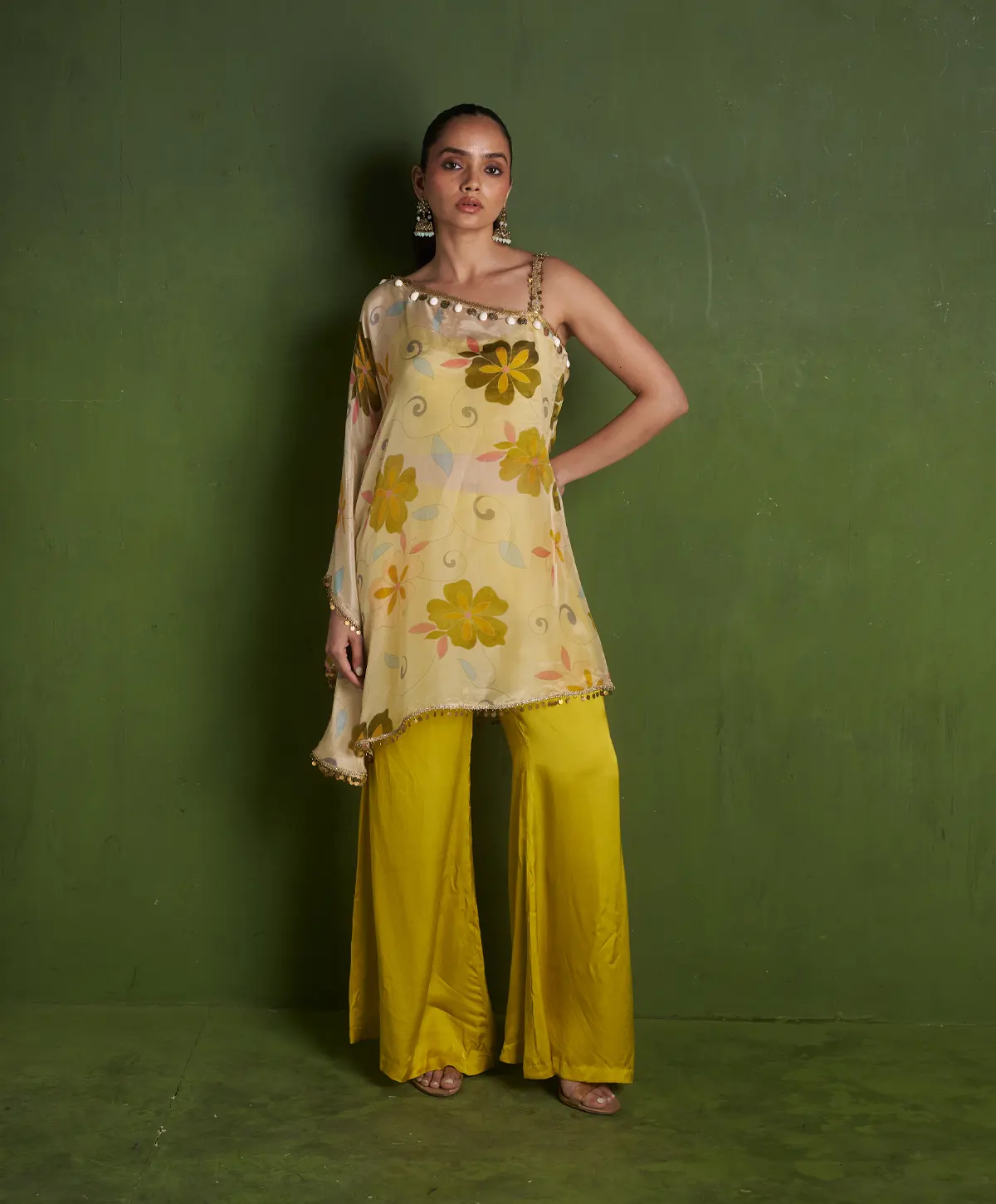 Lemon Satin Organza Cape with inner and Pallazo