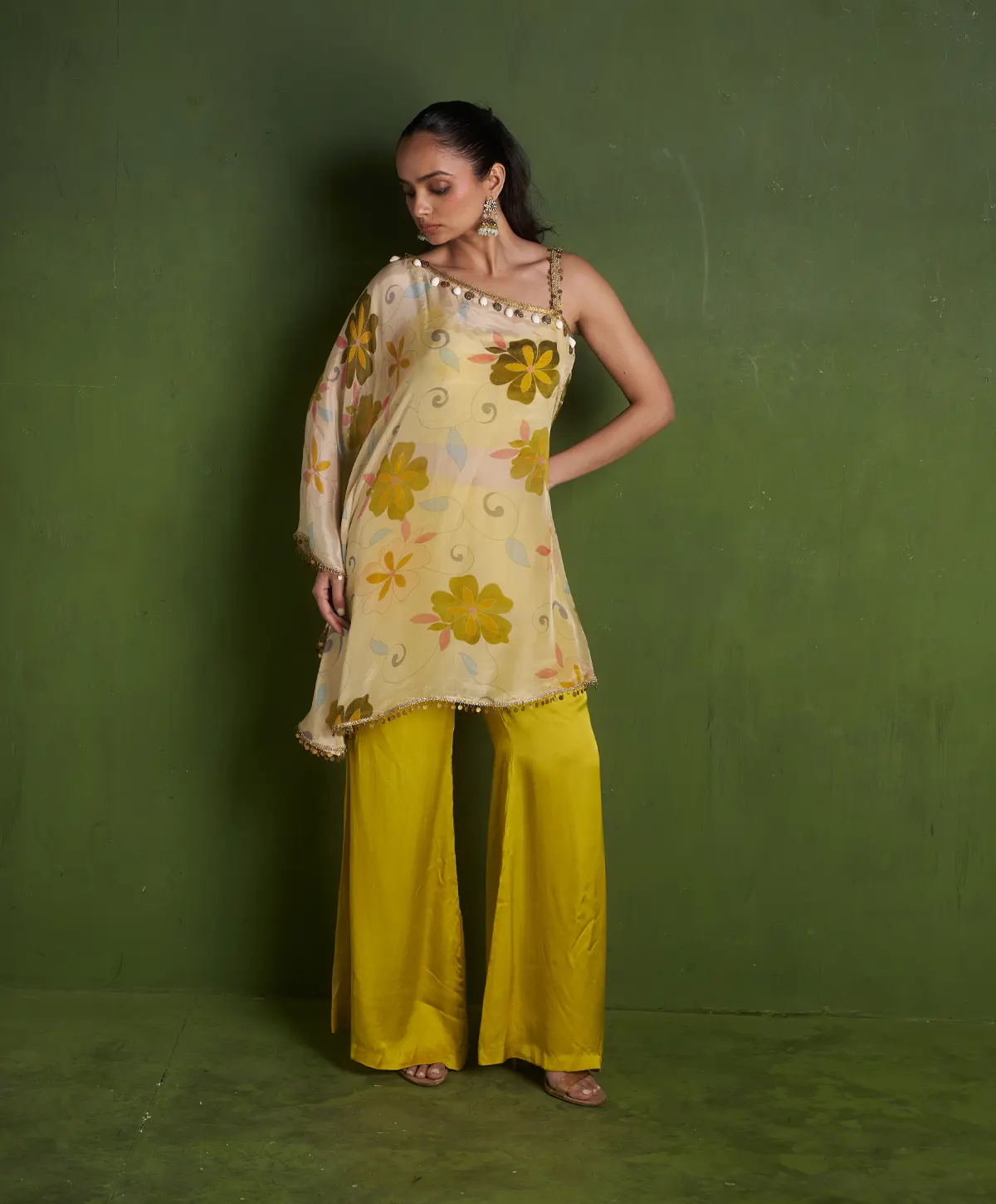Lemon Satin Organza Cape with inner and Pallazo - Image 2