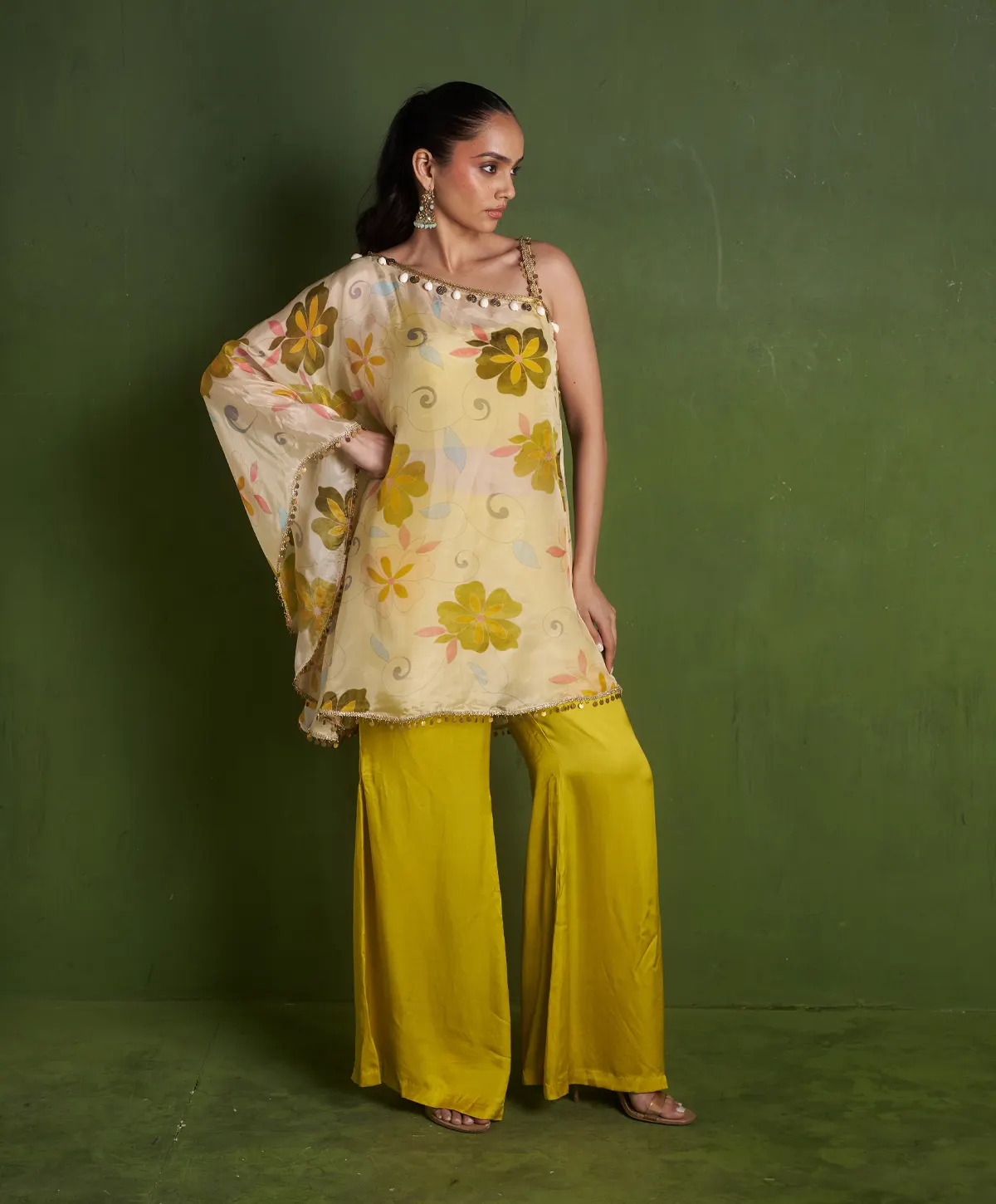 Lemon Satin Organza Cape with inner and Pallazo - Image 3