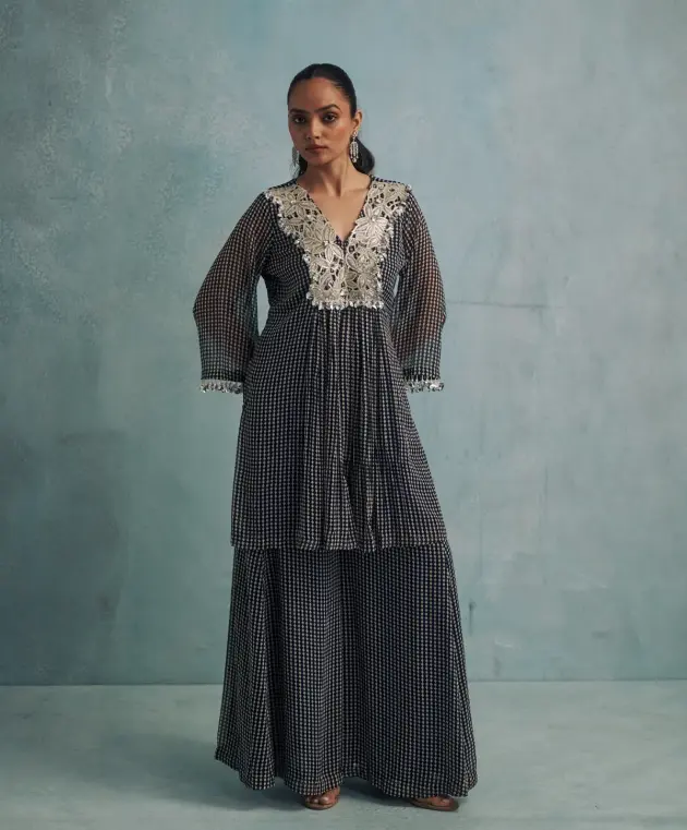 Navy Blue and White Geometric Print Georgette Sharara Set