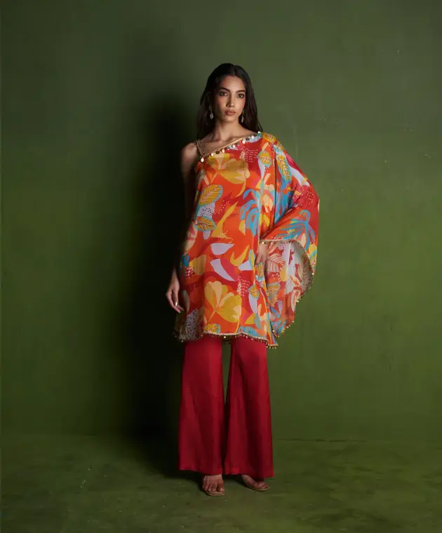 Orange Satin Georgette Cape with inner and Pallazo
