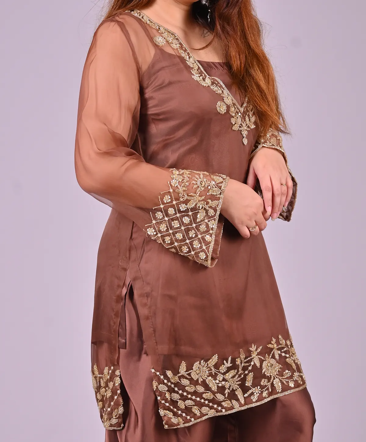 Brown Hand Embroidered Organza and Satin Silk Suit - Image 4