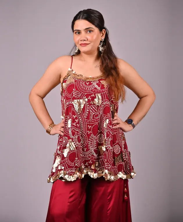 Maroon and Gold Sharara Set
