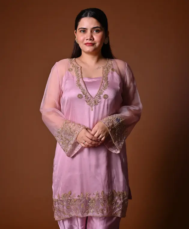 Pink Hand Embroidered Organza and Satin Silk Suit