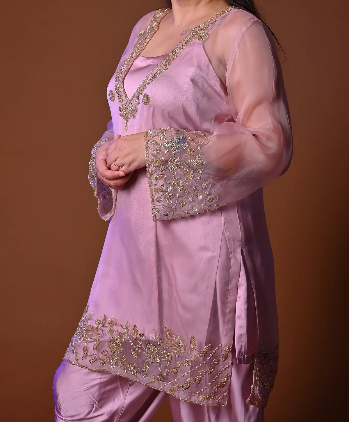 Pink Hand Embroidered Organza and Satin Silk Suit - Image 2