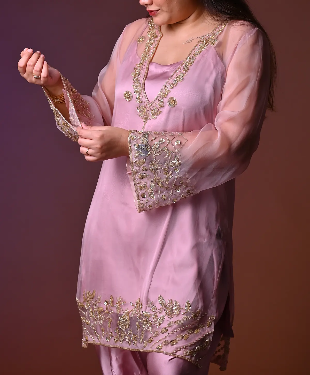 Pink Hand Embroidered Organza and Satin Silk Suit - Image 3