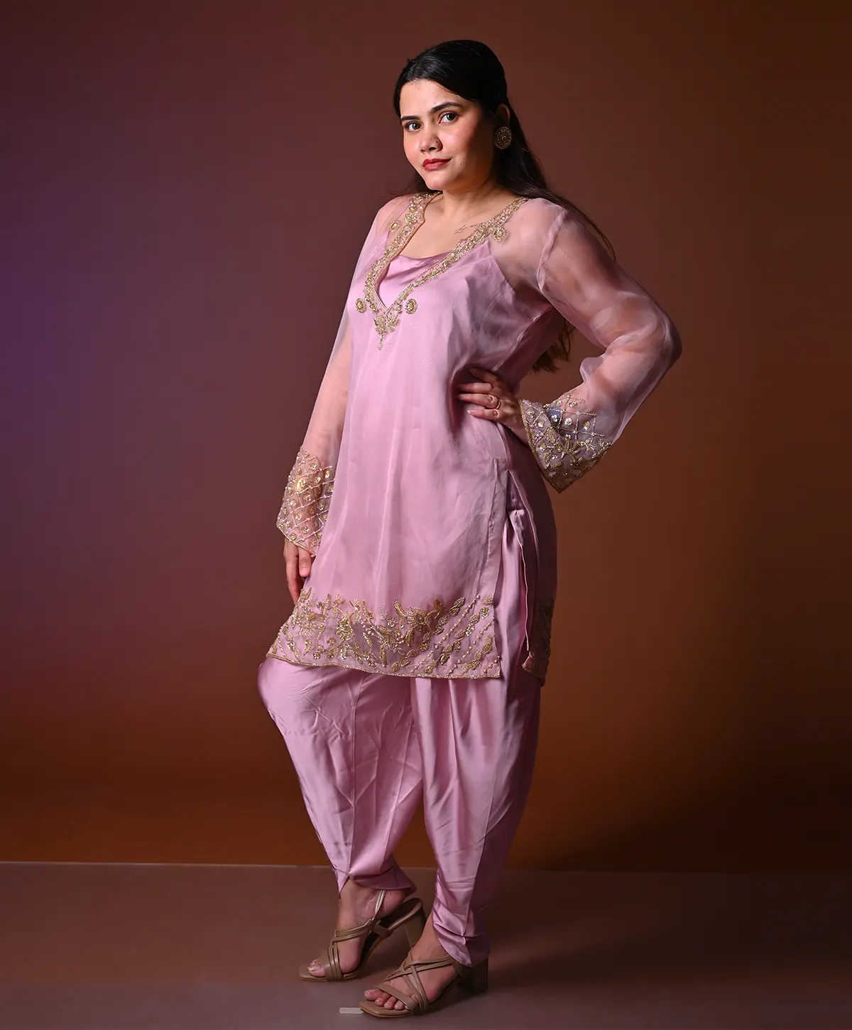 Pink Hand Embroidered Organza and Satin Silk Suit - Image 5