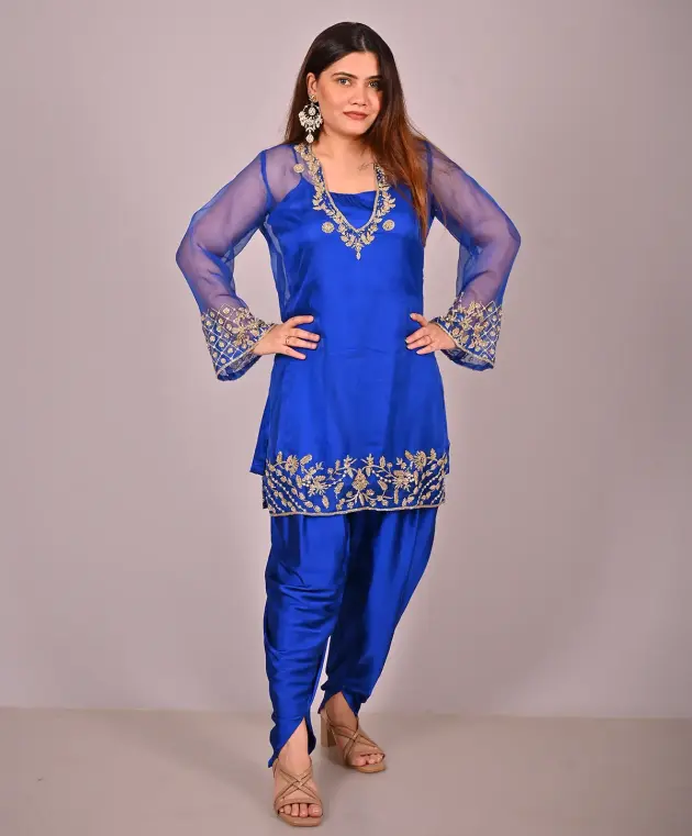 Royal Blue Hand Embroidered Organza and Satin Silk Suit