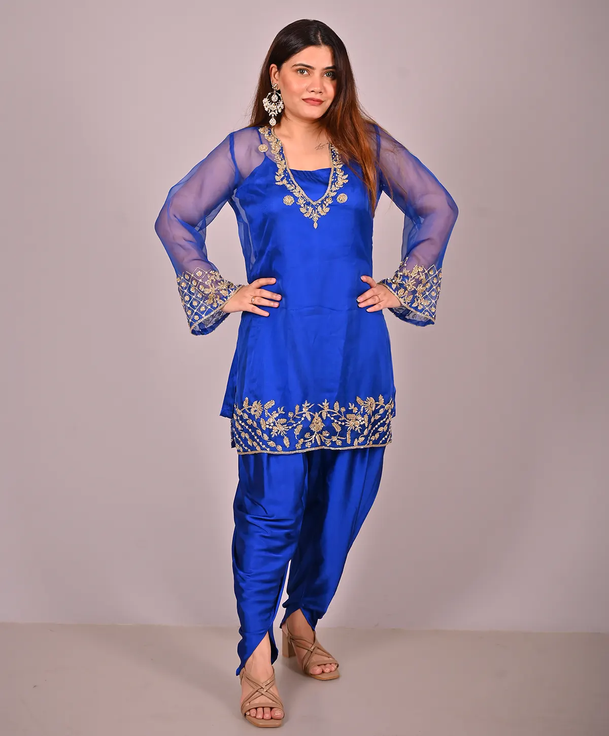 Royal Blue Hand Embroidered Organza and Satin Silk Suit