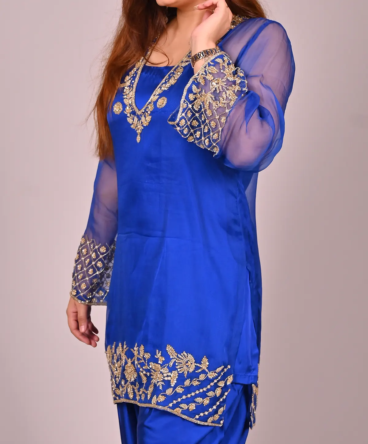 Royal Blue Hand Embroidered Organza and Satin Silk Suit - Image 2