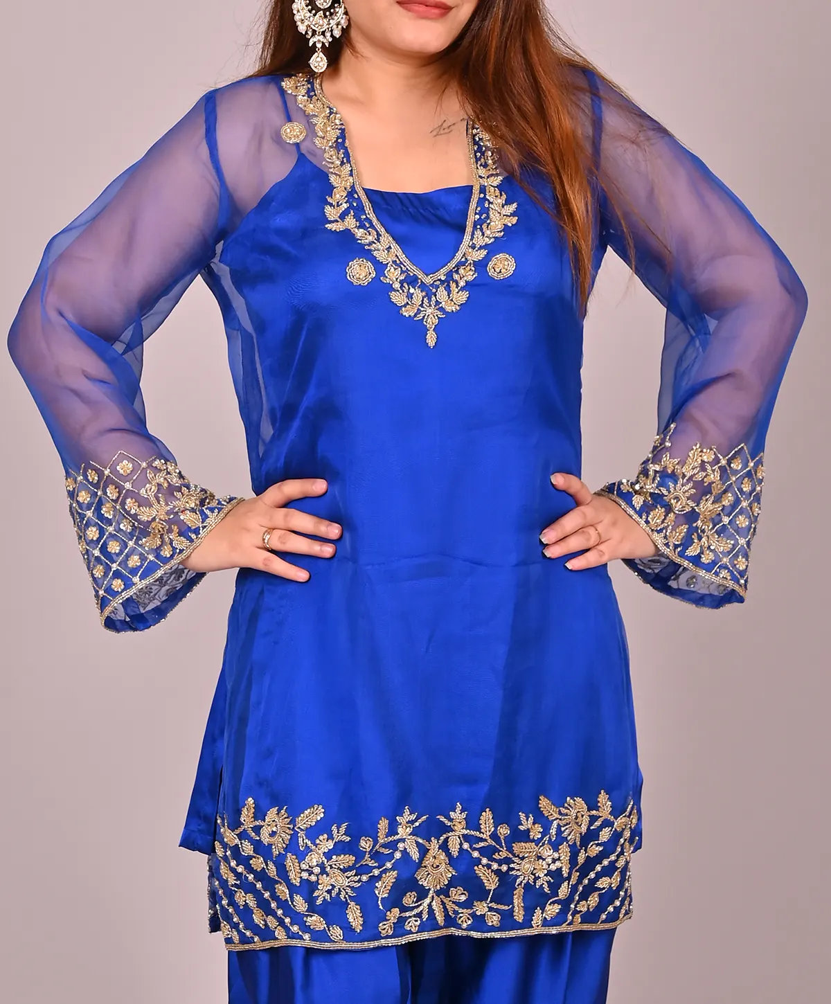 Royal Blue Hand Embroidered Organza and Satin Silk Suit - Image 3
